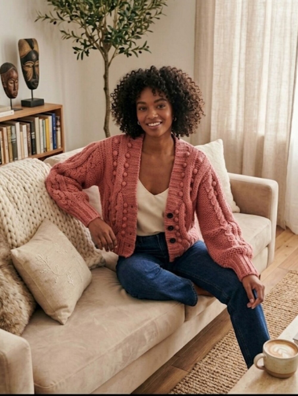 NWT Sea New York Caden Cable Knit Puff Sleeve Rose Alpaca-Wool Blend Cardigan